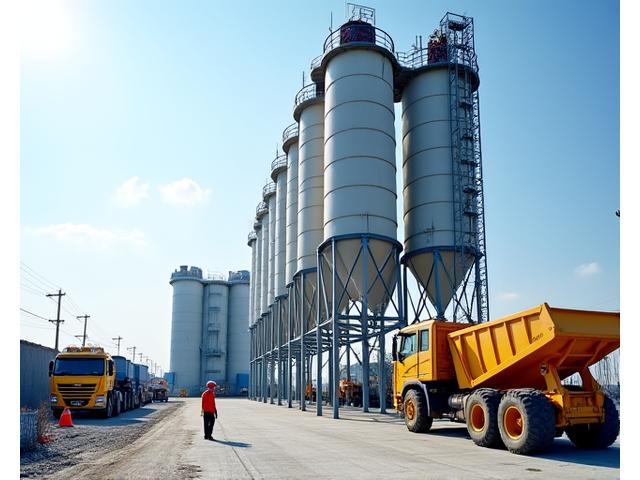 Großes Zementsilo und Industriefahrzeuge auf einer Baustelle